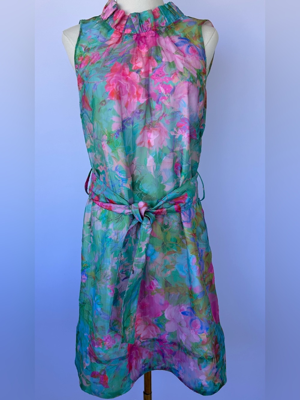 Abbey Glass Women’s Betty Watercolor Dress Ruffle Mock Neck Sleeveless Large